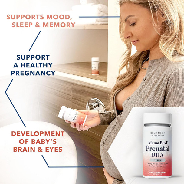 Best Nest Wellness Mama Bird Vegan Prenatal DHA Vitamin 350 mg Algae Omega 3 Supplements Supports Baby's Brain & Eyes Easy to Swallow Softgels 60 Ct