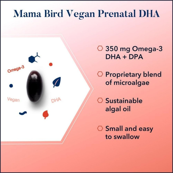 Best Nest Wellness Mama Bird Vegan Prenatal DHA Vitamin 350 mg Algae Omega 3 Supplements Supports Baby's Brain & Eyes Easy to Swallow Softgels 60 Ct