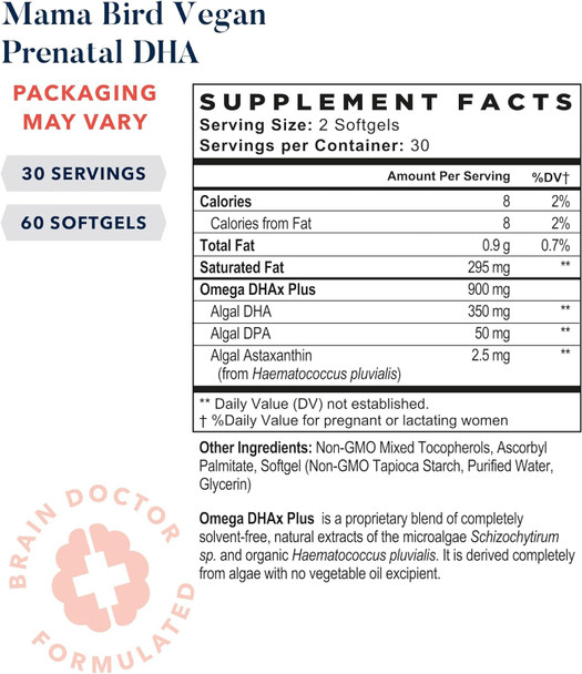 Best Nest Wellness Mama Bird Vegan Prenatal DHA Vitamin 350 mg Algae Omega 3 Supplements Supports Baby's Brain & Eyes Easy to Swallow Softgels 60 Ct