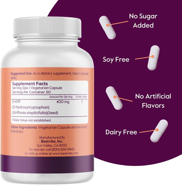 Bestvite 5-HTP 400mg per Capsule (60 Vegetarian Capsules) - No Stearates - Vegan - Non GMO - Gluten - Extra Strength 5HTP