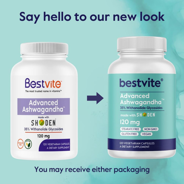 Bestvite Advanced Ashwagandha 120mg w/Shoden (120 Vegetarian Capsules) - Clinically Studied Containing Industry Leading 35% Withanolide Glycosides - No Stearates - Vegan - Non GMO - Gluten