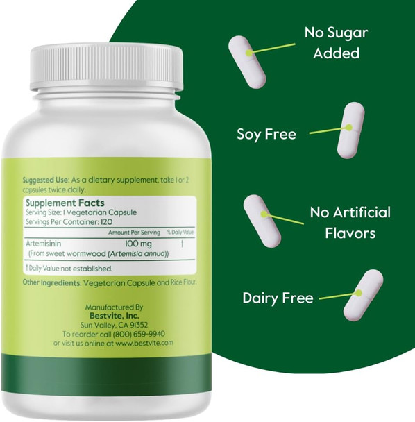 Bestvite Artemisinin 100mg (120 Vegetarian Capsules) - No Stearates - No Flow Agents