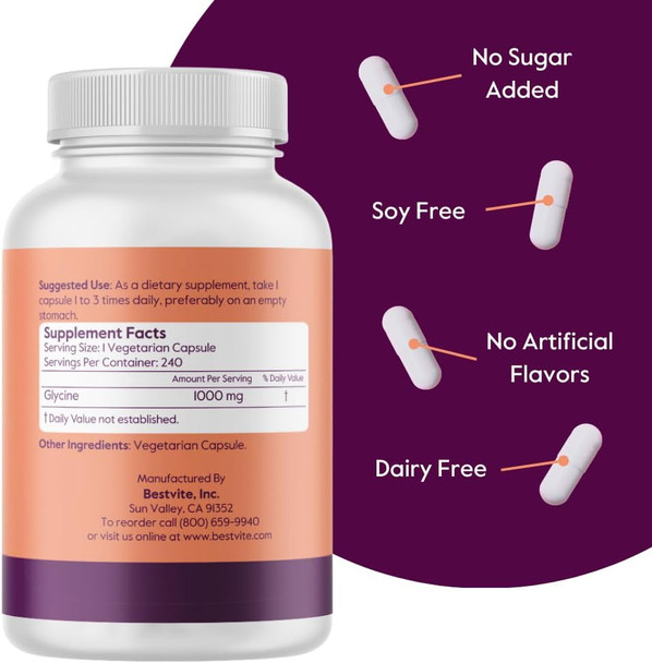 Bestvite Glycine 1000mg (240 Vegetarian Capsules) - No Stearates - Vegan - Non GMO - Gluten