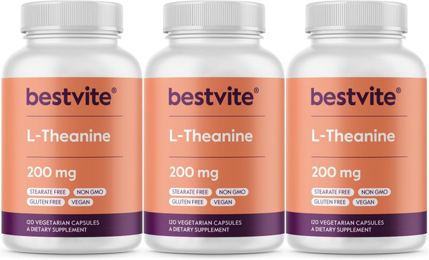 Bestvite L-Theanine 200mg (360 Vegetarian Capsules) (120 x 3) - No Stearates - Vegan - Non GMO - Gluten