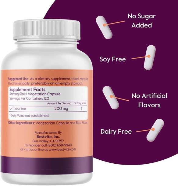 Bestvite L-Theanine 200mg (360 Vegetarian Capsules) (120 x 3) - No Stearates - Vegan - Non GMO - Gluten