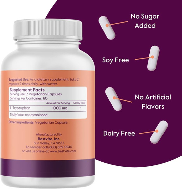 Bestvite L-Tryptophan 500mg per Capsule (240 Vegetarian Capsules) (2-Pack) - No Stearates - No Silica - No Gelatin - Vegan - Gluten - Non GMO
