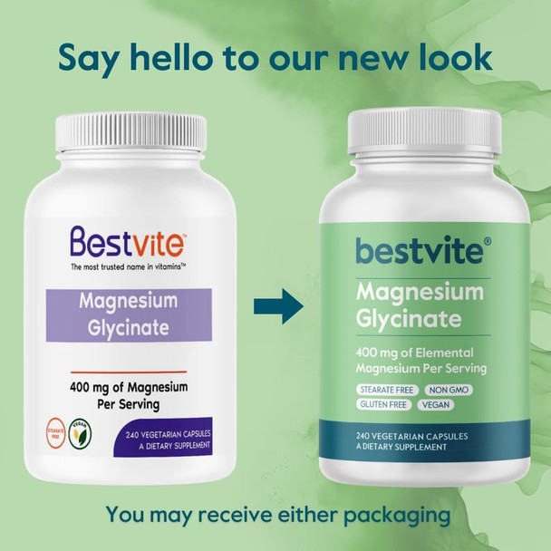 Bestvite Magnesium Glycinate - 400mg of Magnesium per Serving (240 Vegetarian Capsules) - No Stearates - No Silicon Dioxide - Vegan - Non GMO - Gluten