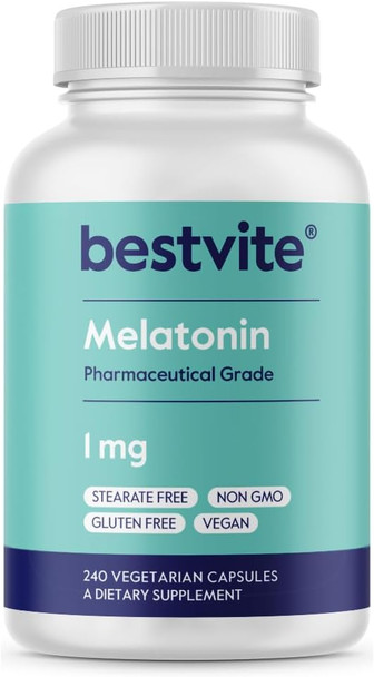 Bestvite Melatonin 1 mg (240 Vegetarian Capsules) - No Stearates - No Sucralose No Dextrose No Silicon Dioxide No Mannitol - Vegan - Non-GMO - Gluten-