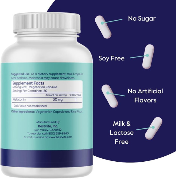 Bestvite Melatonin 30mg (120 Vegetarian Capsules) - No Stearates - Vegan - Non GMO - Gluten - High Dose Melatonin