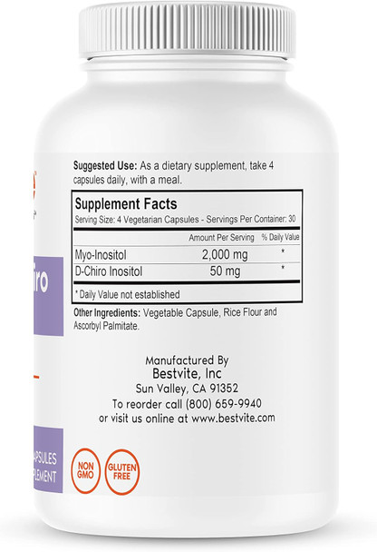 Bestvite Myo & D-Chiro Inositol (120 Vegetarian Capsules) - 40:1 Ratio - No Stearates - Vegan - Non GMO - Gluten