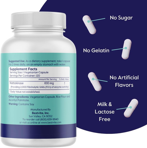 Bestvite Nattokinase 100mg (2000 FU) (120 Vegetarian Capsules) - No Stearates - Vegan - Non GMO - Gluten