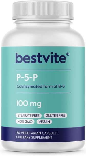 Bestvite P-5-P 100mg (120 Vegetarian Capsules) (CoEnzymated Form of B-6) - No Stearates - Vegan - Non GMO - Gluten - No Silicon Dioxide - No Gelatin