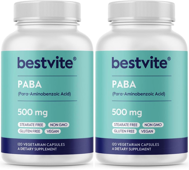Bestvite PABA 500mg (240 Vegetarian Capsules) (120 x 2) (para-Aminobenzoic Acid) - No Stearates - Vegan - Non GMO - Gluten