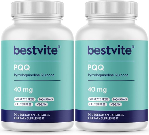 Bestvite PQQ 40mg (Pyrroloquinoline Quinone) (120 Vegetarian Capsules) (60 x 2) - No Stearates - Vegan - Non GMO - Gluten Bestvite PQQ 40mg (Pyrroloquinoline Quinone) (120 Vegetarian Capsules) (60 x 2) - No Stearates - Vegan - Non GMO - Gluten