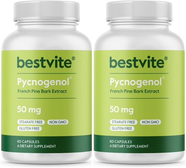 Bestvite Pycnogenol 50mg (120 Capsules) (60x2) - French Maritime Pine Bark Extract - No Stearates - Gluten - Non GMO
