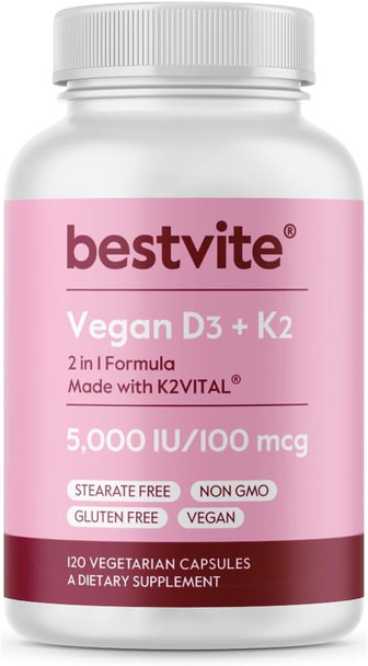 Bestvite Vegan Vitamin D3 5000 IU + Vitamin K2 100 mcg as MK-7 (120 Vegetarian Capsules)  No Stearates Vegan  Non GMO  Gluten