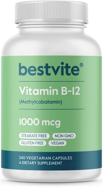 Bestvite Vitamin B12 (Methylcobalamin) 1000mcg (240 Vegetarian Capsules) (Methyl B12) - No Stearates - Vegan - Non GMO - Gluten