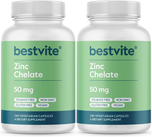 Bestvite Zinc Chelate 50mg (480 Vegetarian Capsules) (240 x 2) - No Stearates - Vegan - Non GMO - Gluten