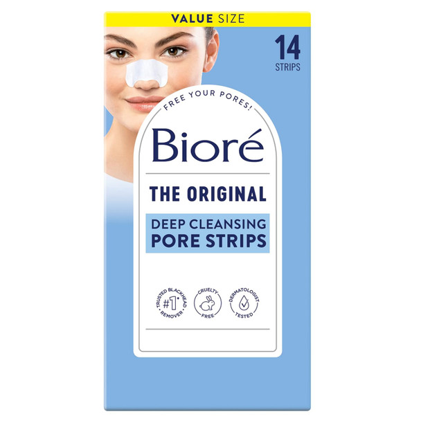 Biore Original Blackhead Remover Strips Deep Cleansing Nose Strips With Instant Pore Unclogging Features C-Bond Technology Oil- Non-Comedogenic Use 14 Count