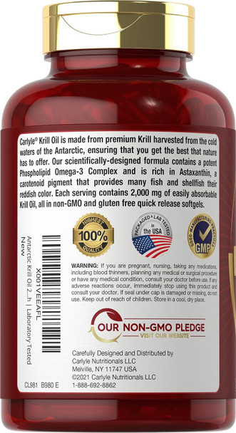 Carlyle Antarctic Krill Oil 2000 mg 120 Softgels | Omega-3 EPA DHA with Astaxanthin Supplement Sourced from Red Krill | Maximum Strength | Laboratory Tested