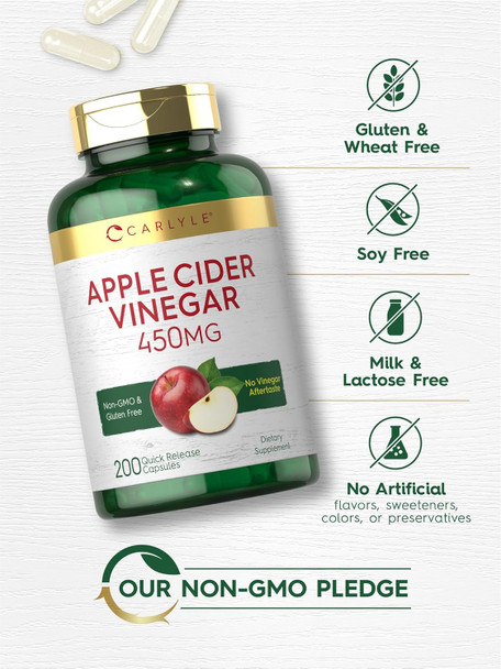 Carlyle Apple Cider Vinegar Capsules | 450mg | 200 Pills | Non-GMO Gluten Supplement