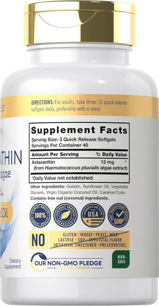 Carlyle Astaxanthin 12mg | 120 Softgels | Supplement from Microalgae | with Coconut Oil | Non-GMO & Gluten
