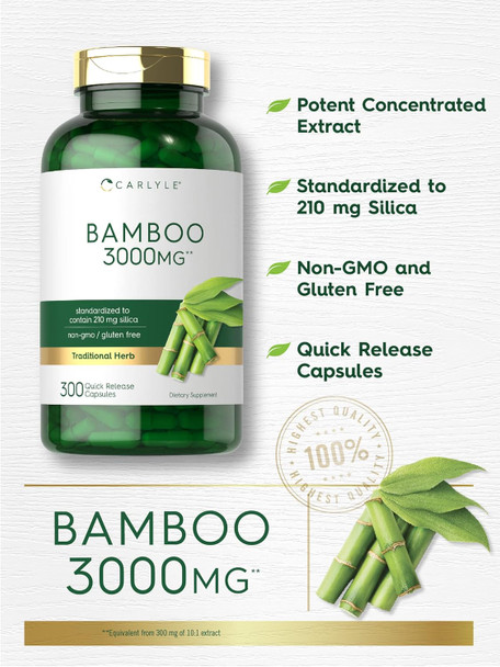 Carlyle Bamboo Extract Capsules | 3000mg | 300 Count | 210mg Silica | Non-GMO Gluten Supplement
