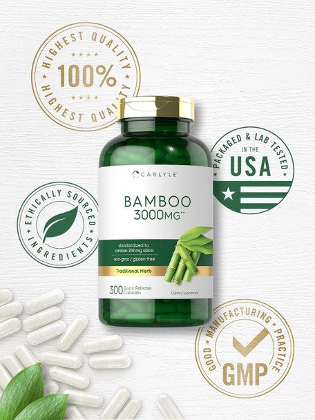 Carlyle Bamboo Extract Capsules | 3000mg | 300 Count | 210mg Silica | Non-GMO Gluten Supplement