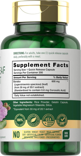 Carlyle Banaba Leaf Extract Capsules 600mg | 200 Count | Non-GMO Gluten