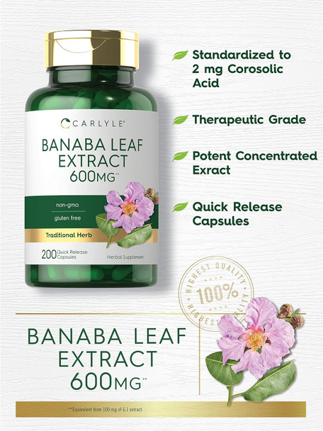 Carlyle Banaba Leaf Extract Capsules 600mg | 200 Count | Non-GMO Gluten