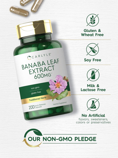 Carlyle Banaba Leaf Extract Capsules 600mg | 200 Count | Non-GMO Gluten