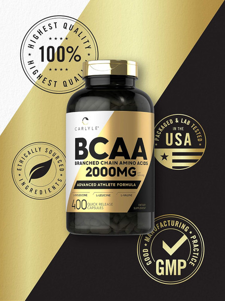 Carlyle BCAA Amino Acids Capsules | 2000mg | 400 BCAA Capsules | Non-GMO Gluten Branch Chain Amino Acids Supplements