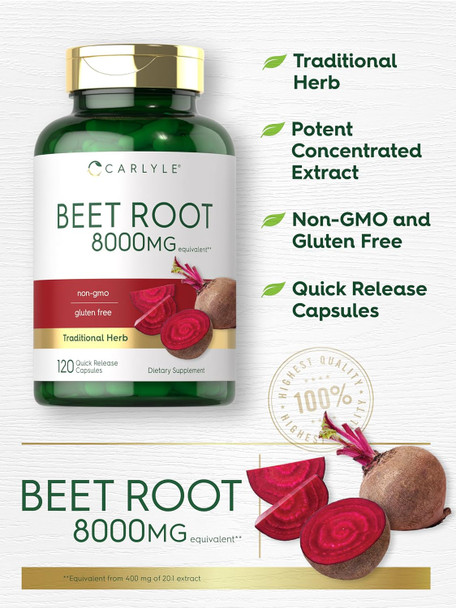 Carlyle Beet Root Capsules | 8000 mg | 120 Count | Non-GMO and Gluten Supplement