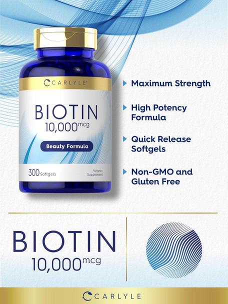 Carlyle Biotin 10000mcg | 300 Softgels | Max Strength | Non-GMO Gluten Supplement