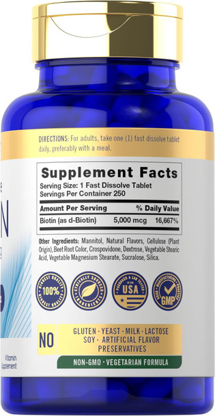 Carlyle Biotin 5000mcg | 250 Fast Dissolve Tablets | Vegetarian Non-GMO Gluten Supplement