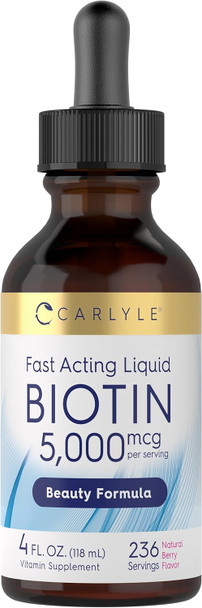 Carlyle Biotin Liquid Drops 5000mcg | 4 fl oz | Berry Flavor | Vegetarian Non-GMO & Gluten Supplement