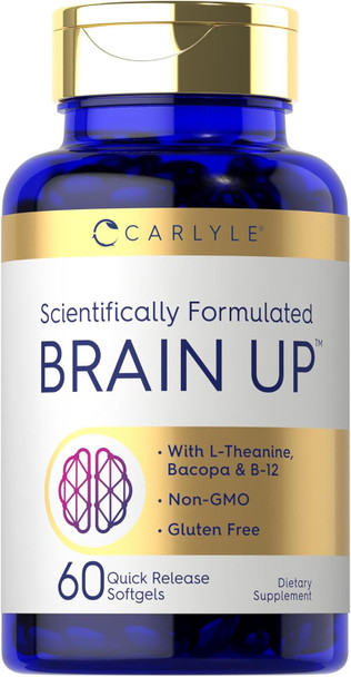 Carlyle Brain Up Supplement | 60 Softgels | with L-Theanine Bacopa & B-12 | Non-GMO Gluten