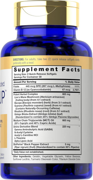 Carlyle Brain Up Supplement | 60 Softgels | with L-Theanine Bacopa & B-12 | Non-GMO Gluten