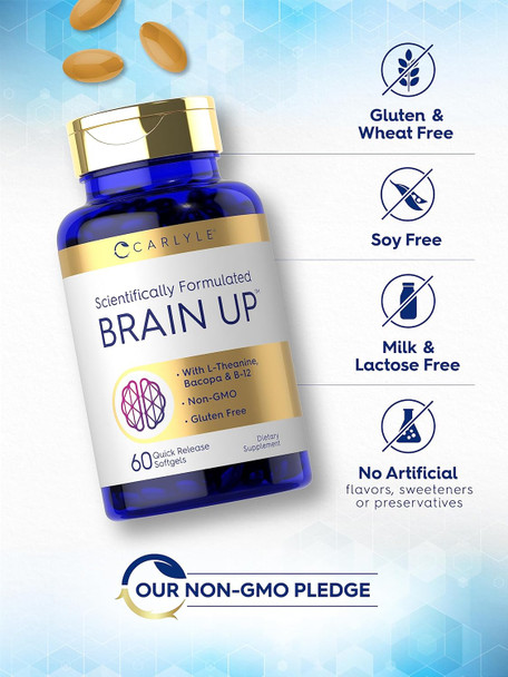 Carlyle Brain Up Supplement | 60 Softgels | with L-Theanine Bacopa & B-12 | Non-GMO Gluten