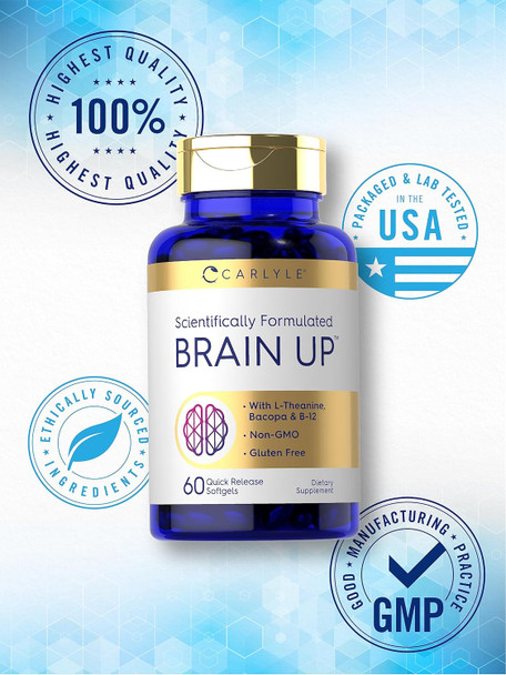 Carlyle Brain Up Supplement | 60 Softgels | with L-Theanine Bacopa & B-12 | Non-GMO Gluten