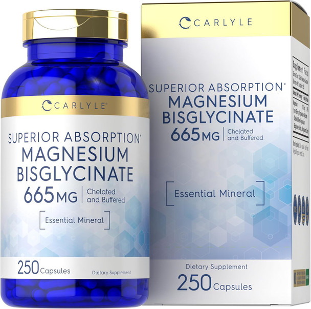 Carlyle Buffered Magnesium Bisglycinate 665 mg | 250 Capsules | Chelated Essential Mineral | Non-GMO and Gluten Supplement