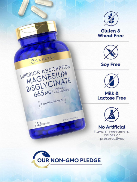 Carlyle Buffered Magnesium Bisglycinate 665 mg | 250 Capsules | Chelated Essential Mineral | Non-GMO and Gluten Supplement