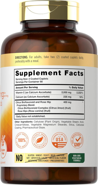 Carlyle Buffered Vitamin C | 2000mg | 180 Caplets | with Bioflavonoids and Rose HIPS | Vegetarian Non-GMO and Gluten Supplement