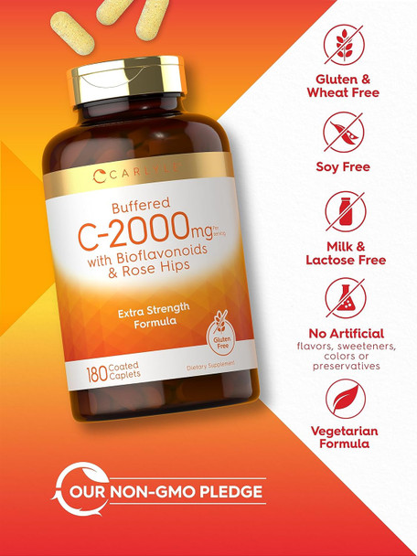 Carlyle Buffered Vitamin C | 2000mg | 180 Caplets | with Bioflavonoids and Rose HIPS | Vegetarian Non-GMO and Gluten Supplement