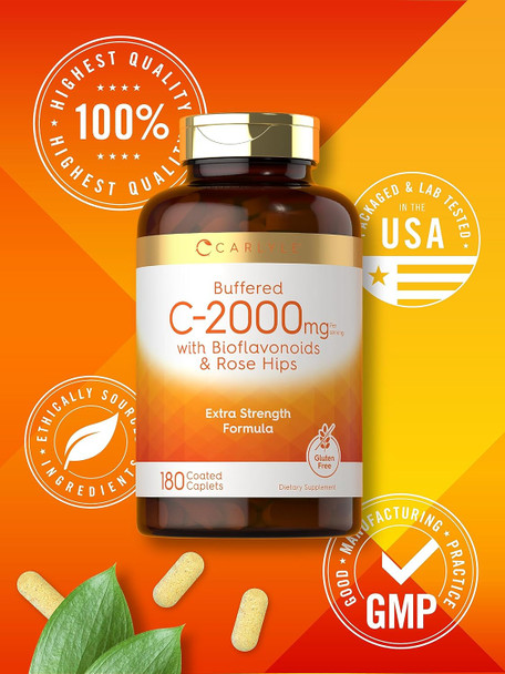 Carlyle Buffered Vitamin C | 2000mg | 180 Caplets | with Bioflavonoids and Rose HIPS | Vegetarian Non-GMO and Gluten Supplement