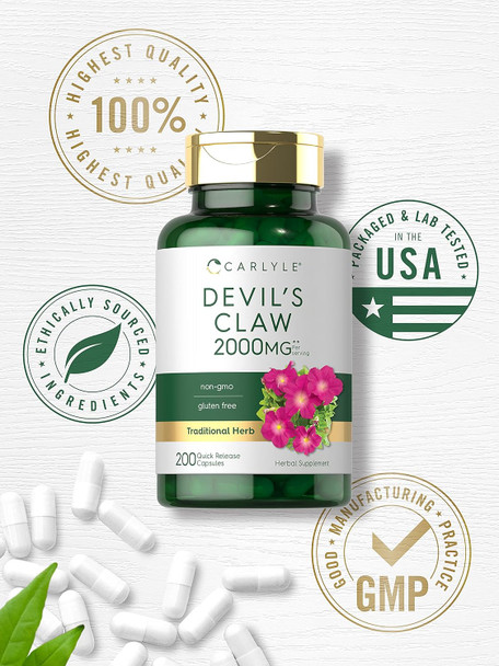 Carlyle Devils Claw 2000 mg | 200 Capsules | Concentrated Root Extract | Devils Claw Herbal Supplement | Non-GMO Gluten Supplement
