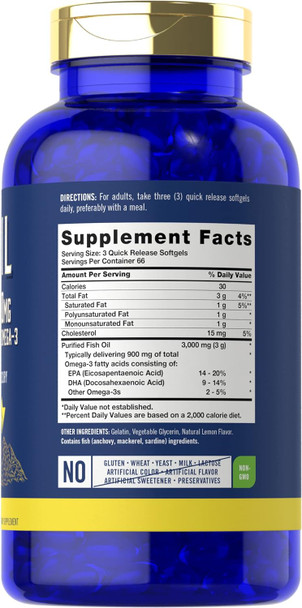 Carlyle Fish Oil 3000mg | 900mg Omega 3 | 200 Softgels | Lemon Flavor | Non-GMO and Gluten Supplement
