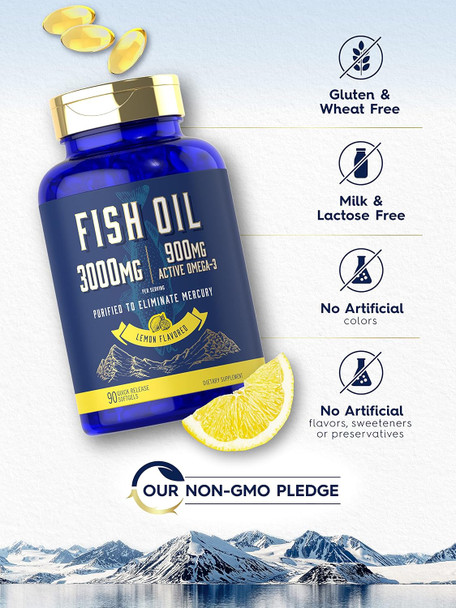Carlyle Fish Oil 3000mg | 900mg Omega 3 | 90 Softgels | Lemon Flavor | Non-GMO and Gluten Supplement