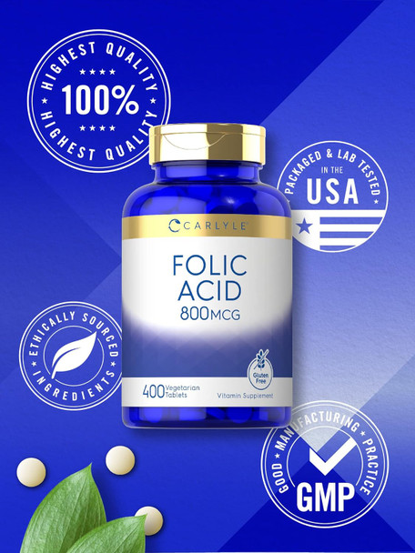 Carlyle Folic Acid 800 Mcg Tablets | 400 Count | Vegetarian Non-GMO Gluten