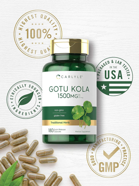 Carlyle Gotu Kola Capsules 1500mg | 180 Count | Non-GMO Gluten | Traditional Herb Extract